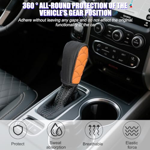 BESULEN Car Gear Shift Knob Cover, Leather Anti-Slip Breathable Automatic Gear Shifter Stick Protector, Auto Stick Shifting Handle Decoration Accessories, Universal for Truck SUV Sedan (Orange)