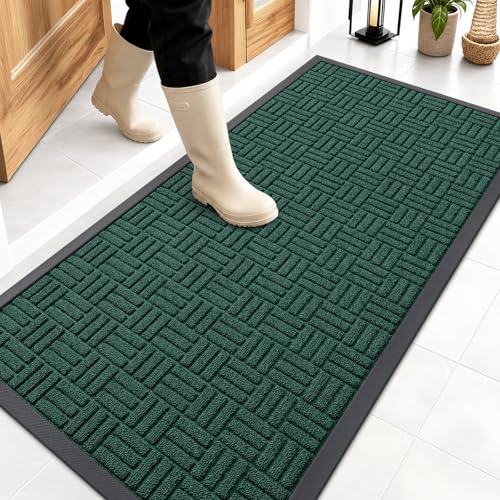 OLANLY Front Door Mat Outside Entrance 47x23, Absorbent, Heavy Duty Sturdy Natural Rubber Doormat Indoor Outdoor, Non-Slip, Stain and Fade Resistant, Low Profile Floor Mat for Entryway, Black Green - color: Black Green, size: 47" X 23"