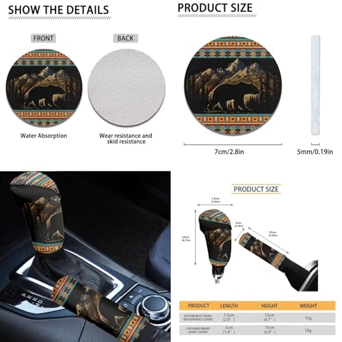 Dreaweet Mountain Bear Aztec Car Seat Covers Full Set 12 Pcs Southwestern Car Accessories Seat Covers with Steering Wheel Cover/Arm Rest Pads/Seat Belt Pads/Coasters/Gear Shift Cover/Handbrake Cover - color: Mountain Bear Aztec