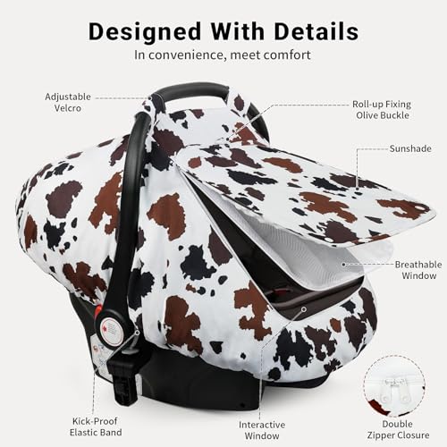 Elstey Car Seat Cover Baby, Minky Dot Carseat Covers Baby Boys Girls, Lightweight Infant Car Seat Cover Canopy with 2 Layers Breathable Mesh Windows, Stroller Carrier for Babies Newborn Essentials - color: Brown Black Cow