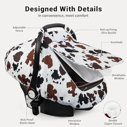 Elstey Car Seat Cover Baby, Minky Dot Carseat Covers Baby Boys Girls, Lightweight Infant Car Seat Cover Canopy with 2 Layers Breathable Mesh Windows, Stroller Carrier for Babies Newborn Essentials - color: Brown Black Cow