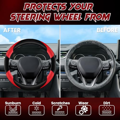 Soft Leather Steering Wheel Cover with Breathable Design and Anti-Slip Grip, Specially Designed for 14.5-15.2 inch Circular Steering Wheels