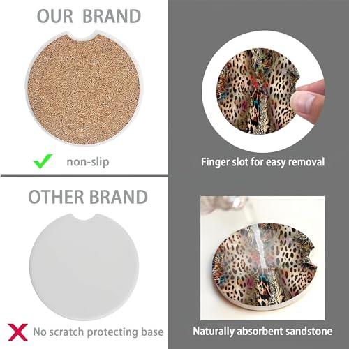 Car Coasters for Cup Holders,2 Pack Leopard Absorbent Ceramic Coaster Abstract Animal Print Car Cup Holder Non-Slip Auto Accessories Interior Decor for Your Car Keep Clean