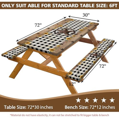 Retro Texas Star Picnic Table Cover with Bench Covers Waterproof Windproof Elastic Fitted Outdoor Camping RV Tablecloths with Drawstring Bag Reusable Rectangle Tables and Seats Cover 30X72IN - color: Black, size: 30" x 72" (Rectangular)