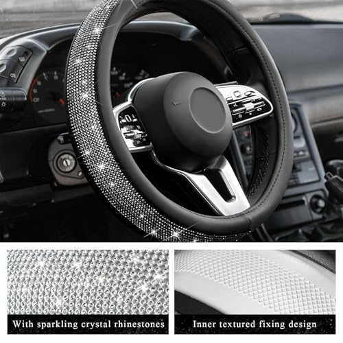Diamond Leather Steering Wheel Cover, 15 Inch Bling Crystal Rhinestone Anti-Slip Wheel Protector, Universal Sparkling Elegant Diamond Steering Wheels Cover for Women Girl (Black) - color: Black