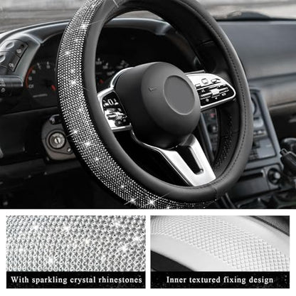 Diamond Leather Steering Wheel Cover, 15 Inch Bling Crystal Rhinestone Anti-Slip Wheel Protector, Universal Sparkling Elegant Diamond Steering Wheels Cover for Women Girl (Black) - color: Black