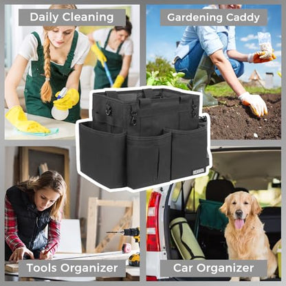 Compact Wearable Cleaning Caddy, Small Supplies Organizer with Handle & Shoulder Straps for Housekeepers, Under Sink & Car Cleaning Tool Organizer Bag (Black)