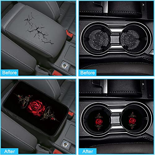 Auto Center Console Cover Pad+ 2 Coasters, Stylish Pattern Soft Car Armrest Cover Auto Center Console Pad, Car Decorative Accessory Universal Fit for Most Car/SUV/Truck, Red Rose
