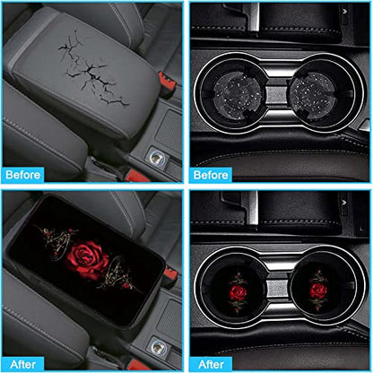 Auto Center Console Cover Pad+ 2 Coasters, Stylish Pattern Soft Car Armrest Cover Auto Center Console Pad, Car Decorative Accessory Universal Fit for Most Car/SUV/Truck, Red Rose
