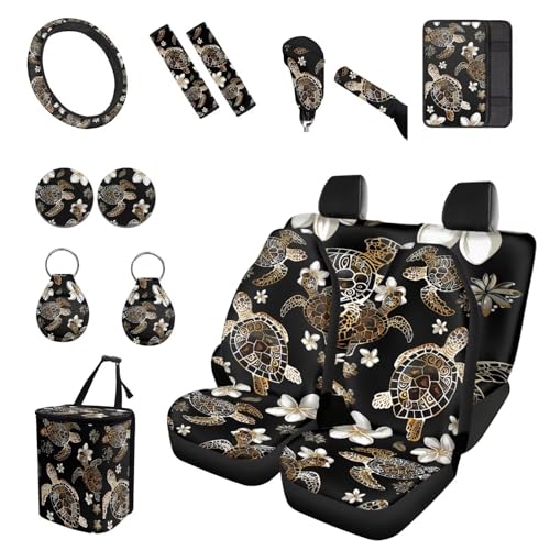 Forchrinse 15Pack Sea Turtle Car Accessories Set Hawaiian Hibiscus Car Seat Cover Full Set+Steering Wheel Cover+Car Trash Can+Seatbelt Cover+Coaster+Keychain - color: Sea Turtle Hibiscus