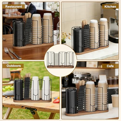 Coffee Cup Dispenser Rack with Wood Base, 18oz Cup Holder Organizer for Storing Paper Cups, Straws, Lids and Disposable Tableware(4-compartment) - color: Black 4-Compartment