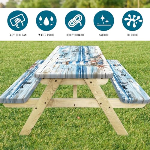 Nautical Lighthouse Beach Picnic Table Cover with Bench Covers Waterproof Windproof Elastic Fitted Outdoor Camping RV Tablecloths with Drawstring Bag Reusable Rectangle Tables and Seats Cover 30X72IN - color: Blue, size: 30" x 72" (Rectangular)