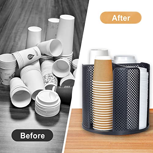 Cup and Lid Organizer, 360° Rotatable Coffee Cup Holder for Disposable Plastic and Paper Cups of 5 to 16 oz, 4 Compartments Detachable Countertop Cup Dispenser Coffee Station, Black - color: Black