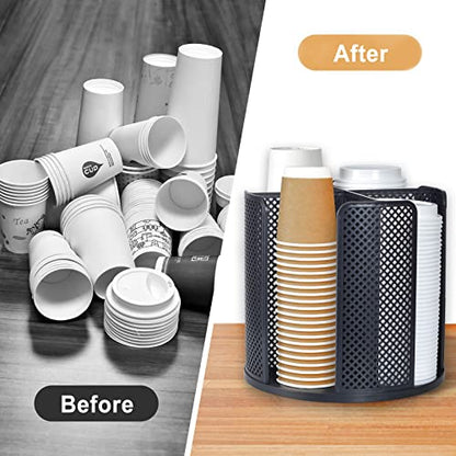 Cup and Lid Organizer, 360° Rotatable Coffee Cup Holder for Disposable Plastic and Paper Cups of 5 to 16 oz, 4 Compartments Detachable Countertop Cup Dispenser Coffee Station, Black - color: Black