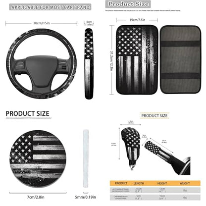 16 Piece Car Interior Cover Set, American Flag Printed Car Front Rear Seat Covers with Steering Wheel Protector Center Console Covers Seatbelt Pads Head Rest Cover Cars Coaster, Universal Fit - color: Black and White - American Flag