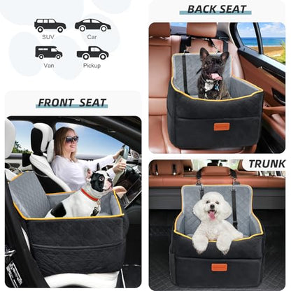 HEGGCOOE Small Dog Car Seat, Memory Foam Dog Booster Seats with Thick Cushion for Medium Dogs Under 35lbs, Detachable Washable Pet Car Seat Bed with Storage Pockets,2 Safety Belts - color: Black/gray