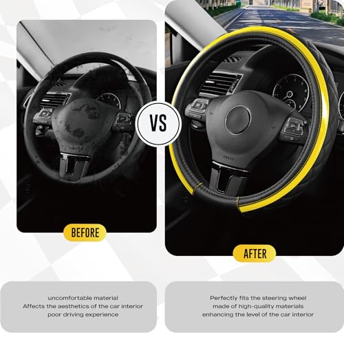 Road Comforts Leather Steering Wheel Cover – Black & Yellow, Universal Fit 14.5-15 Inch, Microfiber Leather, Anti-Slip & Breathable Design for Men and Women - color: Yellow