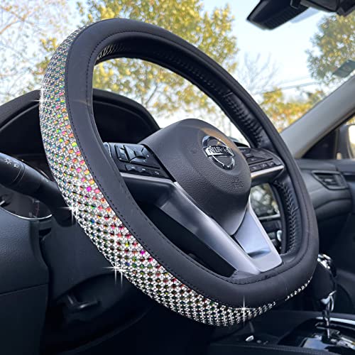 D Shaped Bling Comfy Steering Wheel Cover with Jumbo Crystal Rhinestones, Anti-Slip Diamond Leather, Flat Bottom 14.5-15 Inch (Colorful) - color: 4.Colorful, size: D Shaped/Flat Bottom[14 1/2''-15'']