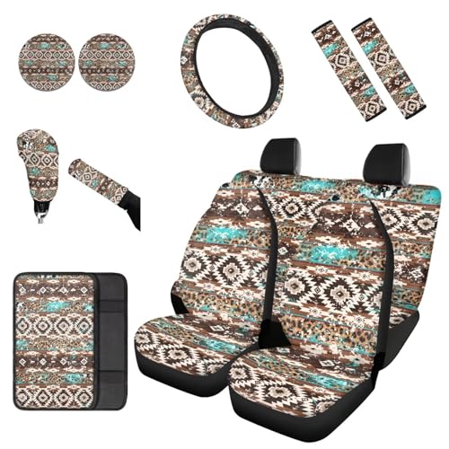 Dreaweet Aztec Brown Cow Seat Covers for Cars Full Set 12 Pcs Universal Car Accessories with Steering Wheel Cover/Armrest Cover/Seat Belt Pads/Coasters/Gear Shift Cover/Handbrake Cover,Universal Fit - color: Aztec Brown Cow