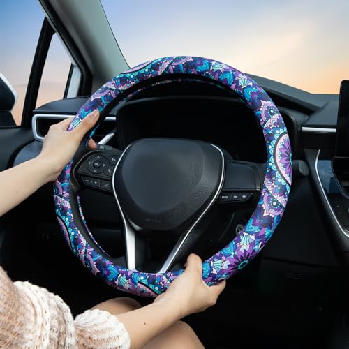 Purple Lotus Mandala Steering Wheel Cover Auto Jacquard Steering Wheel Protector, Anti-Slip, Breathable, Absorbing Sweat, Universal Car Accessories 14.5–15 inch,Fit for Most Car, Trucks, SUV - style: Purple Lotus Mandala