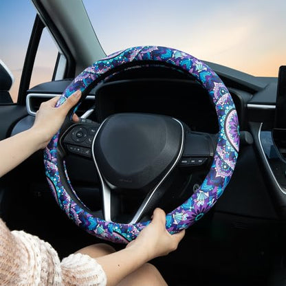 Purple Lotus Mandala Steering Wheel Cover Auto Jacquard Steering Wheel Protector, Anti-Slip, Breathable, Absorbing Sweat, Universal Car Accessories 14.5–15 inch,Fit for Most Car, Trucks, SUV - style: Purple Lotus Mandala