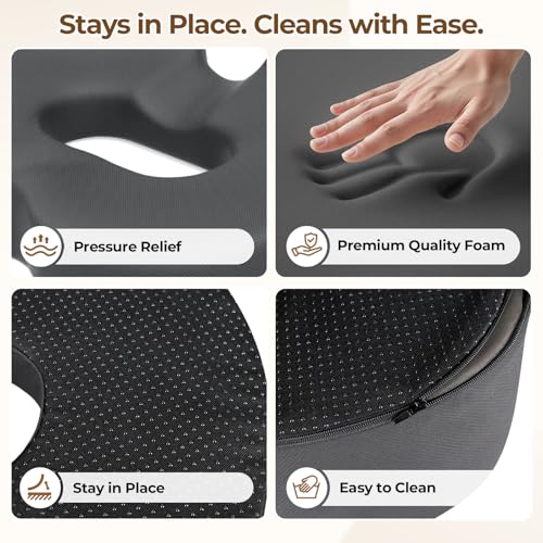 Ergonomic Donut Pillow Seat Cushion with Raised Rear Support, Large Memory Foam Cushion for Tailbone, Hemorrhoids & Sciatica Relief, Office Chair, Car, Travel, Postpartum, Grey - color: Gray