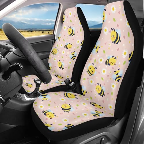 INSTANTARTS Bee Daisy Front Car Seat Covers 2 Packs, Easy-to-Install Polyester Front Seat Protectors Universal Fit for Most Cars, SUVs, Trucks - color: Cute Bee Daisy