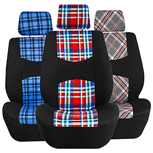 FH Group Car Seat Covers Full Set Plaid Print Cloth - Universal Fit Automotive Seat Covers, Low Back Front Seat Covers, Solid Back Seat Cover, Washable Car Seat Cover for SUV, Sedan, Van Red - color: Red, style: Full Set Combo