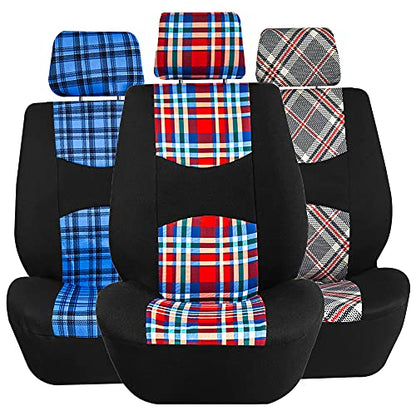 FH Group Car Seat Covers Full Set Plaid Print Cloth - Universal Fit Automotive Seat Covers, Low Back Front Seat Covers, Solid Back Seat Cover, Washable Car Seat Cover for SUV, Sedan, Van Red - color: Red, style: Full Set Combo