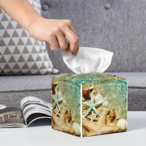 Starfish Seashell on Summer Beach Tissue Box Cover Square, Starfish Seashell Tissue Box Holder Waterproof Leather Facial Paper Organizer Dispenser for Bathroom Home Car Nightstand Vanity Desk - color: Color-2