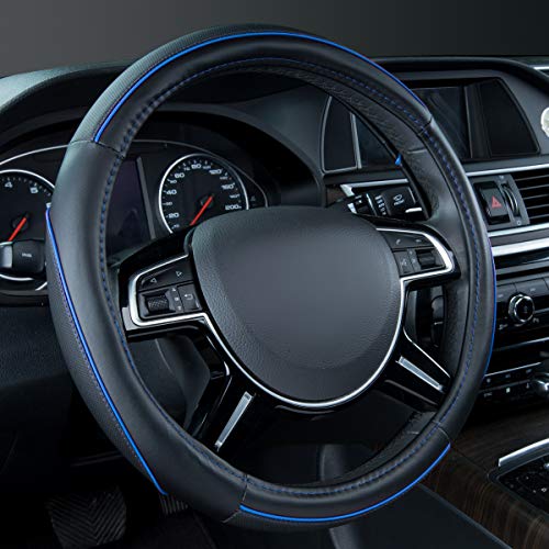 Car Pass Colour Piping Leather Universal Fit Steering Wheel Cover,Perfectly fit for 14.5-15 inches Suvs, Vans, Trucks, Sedans, Cars (Black&Blue) - color: Black and Blue