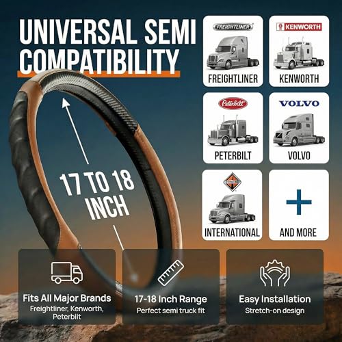 18 Inch Semi Truck Steering Wheel Cover for Freightliner Cascadia, Kenworth T680 T880, Peterbilt 579 & Volvo VNL – Heavy Duty Anti-Slip Leather Grip for Big Rig Class 8 Trucks – Brown - color: Royal Brown