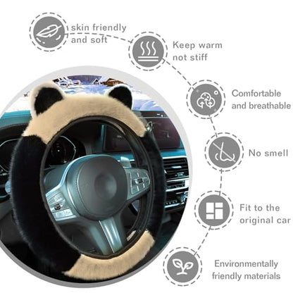 Car Steering Wheel Cover, Cute Steering Wheel Protector with Kitty Cat Ears,Fluffy Soft Plush for Winter Warm, Universal Fit 15 inches for Car,SUV, Elastic & Anti-Slip (Black/Beige) - color: Black/Beige