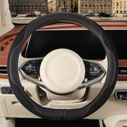Nappa Leather Steering Wheel Cover, Advanced Microfiber Leather Non-Slip Breathable Fabric, Warm in Winter and Cool in Summer, Black, D Shape, 15 inch - color: Black, size: D Shape-M[14.5''-15'']