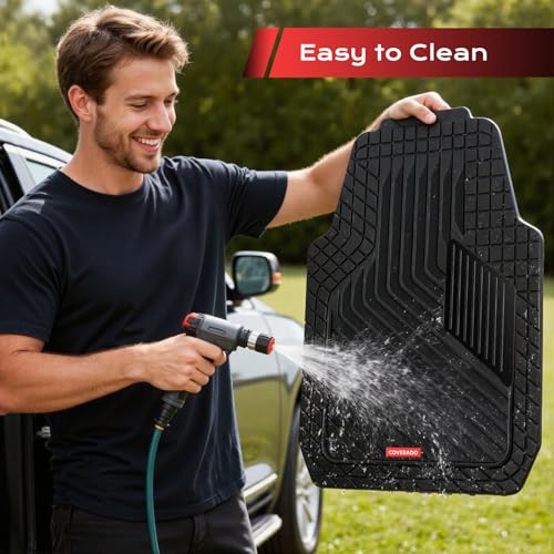 Coverado Heavy-Duty PVC Car Floor Mats Full Set – Black Metallic Heel Pad, All-Weather Protection for Front & Rear, Non-Slip Backing, Easy-to-Clean Liners, 4 Pcs - color: 4-Black