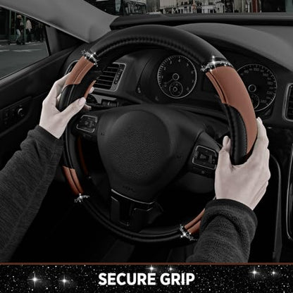 Road Comforts Leather Steering Wheel Cover - Made with PVC Leather - Anti-Slip Steering Wheel Cover Universal Fit Most 14 1/2 inches to 15 inches - Brown Color - color: Brown