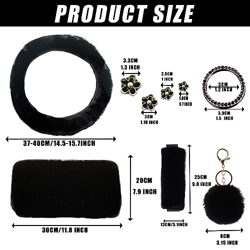 Fluffy Steering Wheel Cover for Women with Furry Gear Cover &Handbrake Cover&Seat Belt Cover&Armrest Pad Fuzzy Car Accessories for Women Pack of 14 (Black) - color: Black