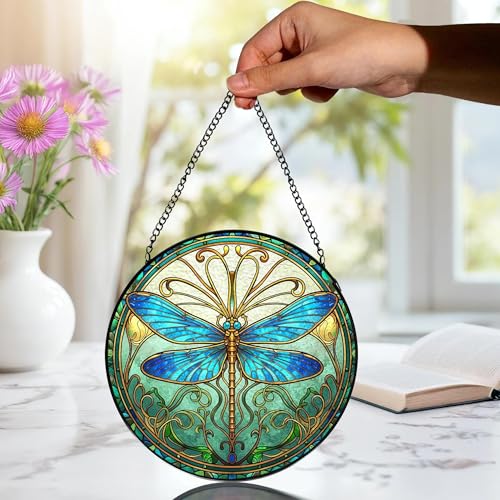 Blue Dragonfly Stained Glass Window Hanging, Dragonfly Suncatcher, Inset and Plant Suncatchers Sun Catchers Indoor Window Glass Wall Art Decor for Women Mom Grandma, 7.9x7.9in
