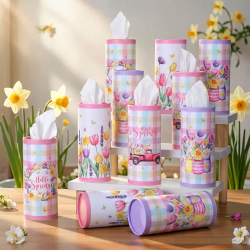 12 Pack Hello Spring Car Tissue Cylinder Holder Bulk with 3 Ply Facial Tissues Flower Round Napkin Holders for Cup Holder Cylinder Floral Mason Jar Travel Paper Tubes Bulk Napkin Boxes Packs - style: Hello Spring