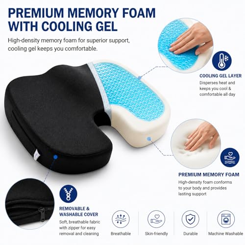 DR.DREAM Seat Cushion for Long Sitting, Cooling Gel Memory Foam Seat Cushion - Back, Sciatica, Coccyx, Tailbone Pain Relief - for Office Chairs, Car Seat, Wheelchair Sitting Cushion (Black) - color: Black