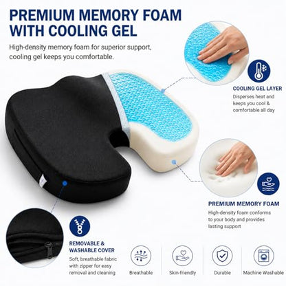 DR.DREAM Seat Cushion for Long Sitting, Cooling Gel Memory Foam Seat Cushion - Back, Sciatica, Coccyx, Tailbone Pain Relief - for Office Chairs, Car Seat, Wheelchair Sitting Cushion (Black) - color: Black