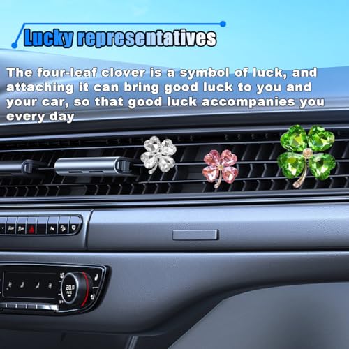 3PCS Bling Four Leaf Clover Car Dashboard Air Vent Trim Clips, Crystal Rhinestone Auto Air Fresheners Outlet Clips, Cute Car Interior AC Decoration Accessories for Women (Big Green/Small White & Pink) - size: Big Green/Small White & Pink
