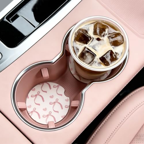 4Packs Car Coasters for Cup Holders，2.6 Inch Absorbent Ceramic Coasters with A Finger Notch Universal Anti Slip Auto Cup Holder Coasters Cute Car Accessories for Women Girls (Bow, Pink and Black)