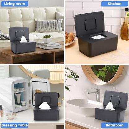 Baby Wipes Dispenser & Wipes Holder - Non-Slip Refillable Baby Wipes Container with Sealing Lid, Keeps Wipes Fresh, Portable Wipes Case for Travel & Home (Black) - color: Black