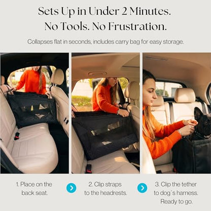 Dog Car Seat Cover with Hard Bottom – Back Seat Extender for Dogs Up to 35 lbs, Waterproof Non-Slip Hammock, Rigid Reinforced Base with Triple Security System, Storage Pockets, fits Cars SUVs Trucks