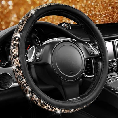 CAR PASS Bling Diamond Steering Wheel Cover Leopard Pattern, Sparkly Crystal Glitter Rhinestones Black Leather Wheel Protect for Women Girl Fit Suvs,Vans,Sedans,Cars,Trucks, 14" 1/2-15" Gold Leopard - color: Leopard Diamond