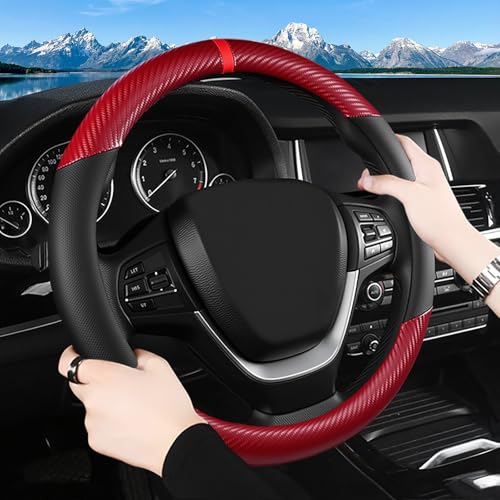 Black & Red Carbon Fiber Leather Steering Wheel Cover, Microfiber Leather, Anti-Slip, Breathable, Universal Fit for 14.5–15 in Steering Wheel Cover for Men Women - color: Splicing Carbon Fiber - Black and Red