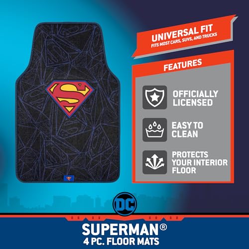 Warner Bros DC Comics Superman 4pc Carpet Floor Mats Car Accessories - Set for Car, Truck, Van, SUV - No-Slip Grip - Universal Fit Front 26" x 16.5", Rear 14" x 16.5" - style: Superman