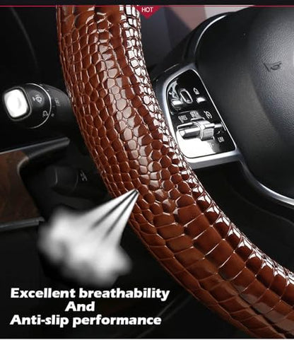 Luxury Crocodile Texture Glossy Leather Car Steering Wheel Cover, New Universal 15 Inch Vehicle Steering Wheel Cover for Cars, Trucks, Suvs, Pickups Interior Accessories (Blue) - color: Blue