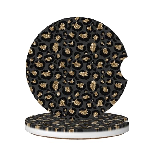 Absorbent Car Coasters for Cup Holders, 2 Pack Universal Anti Slip Ceramic Cup Coaster for Women Men 2.56 Inch Car Interior Accessories - Black Gold Leopard 003 - color: Black Gold Leopard 003